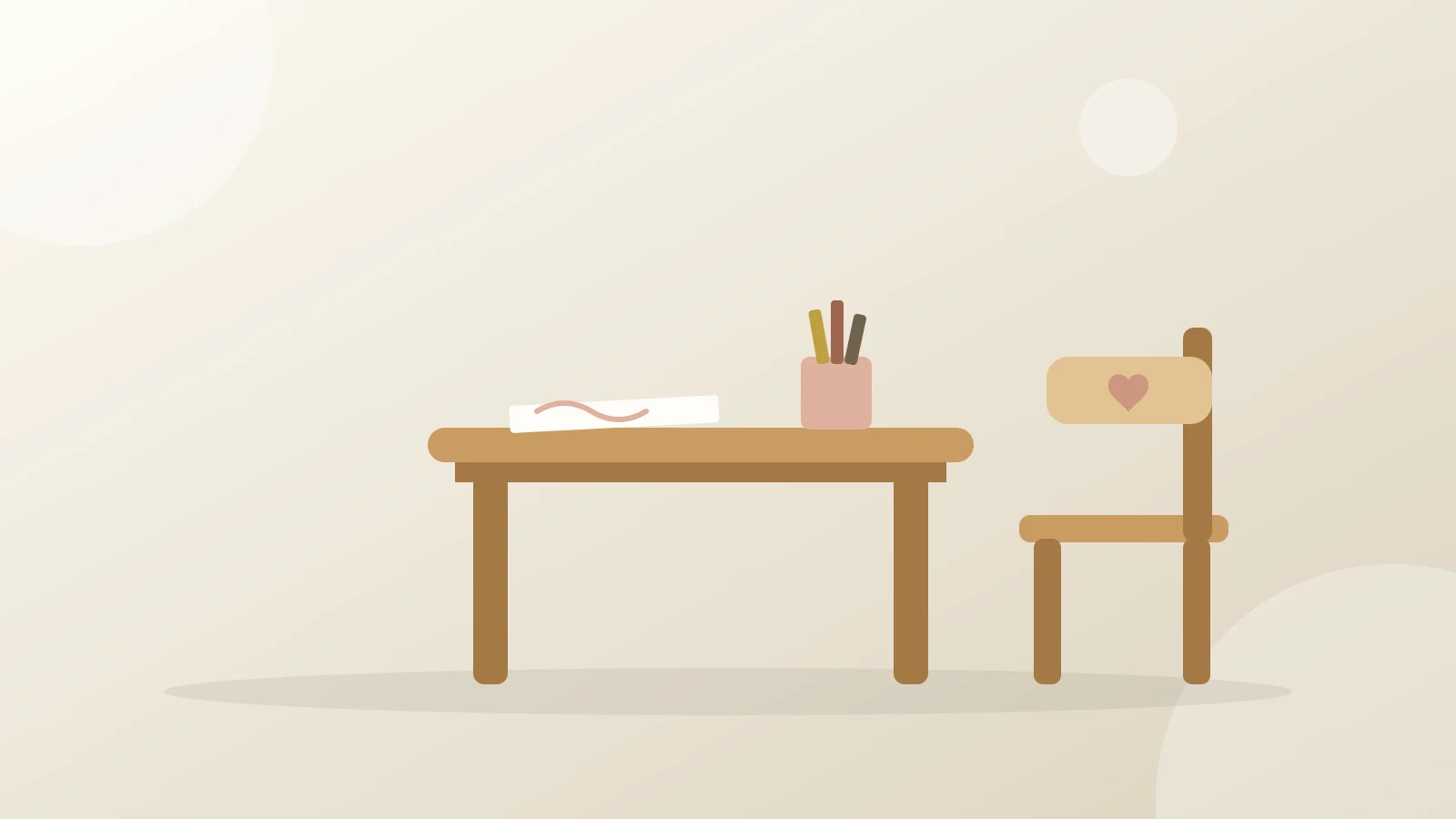 Ilustración de una mesa y una silla infantil de madera, con una hoja y un vaso con crayones