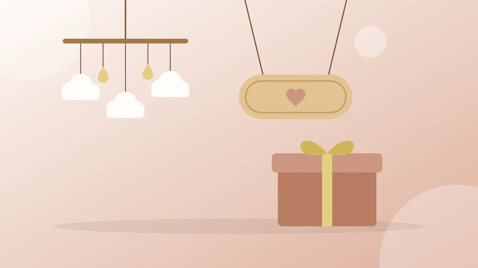 Ilustración de un móvil de cuna con nubes, un cartel de madera con un corazón y un regalo