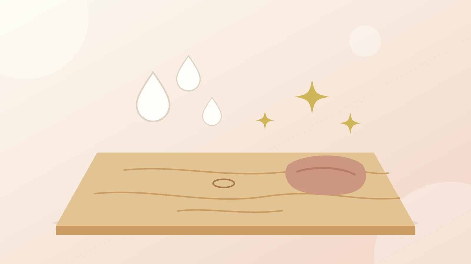 Ilustración de una superficie de madera con un paño, gotas de agua y brillos